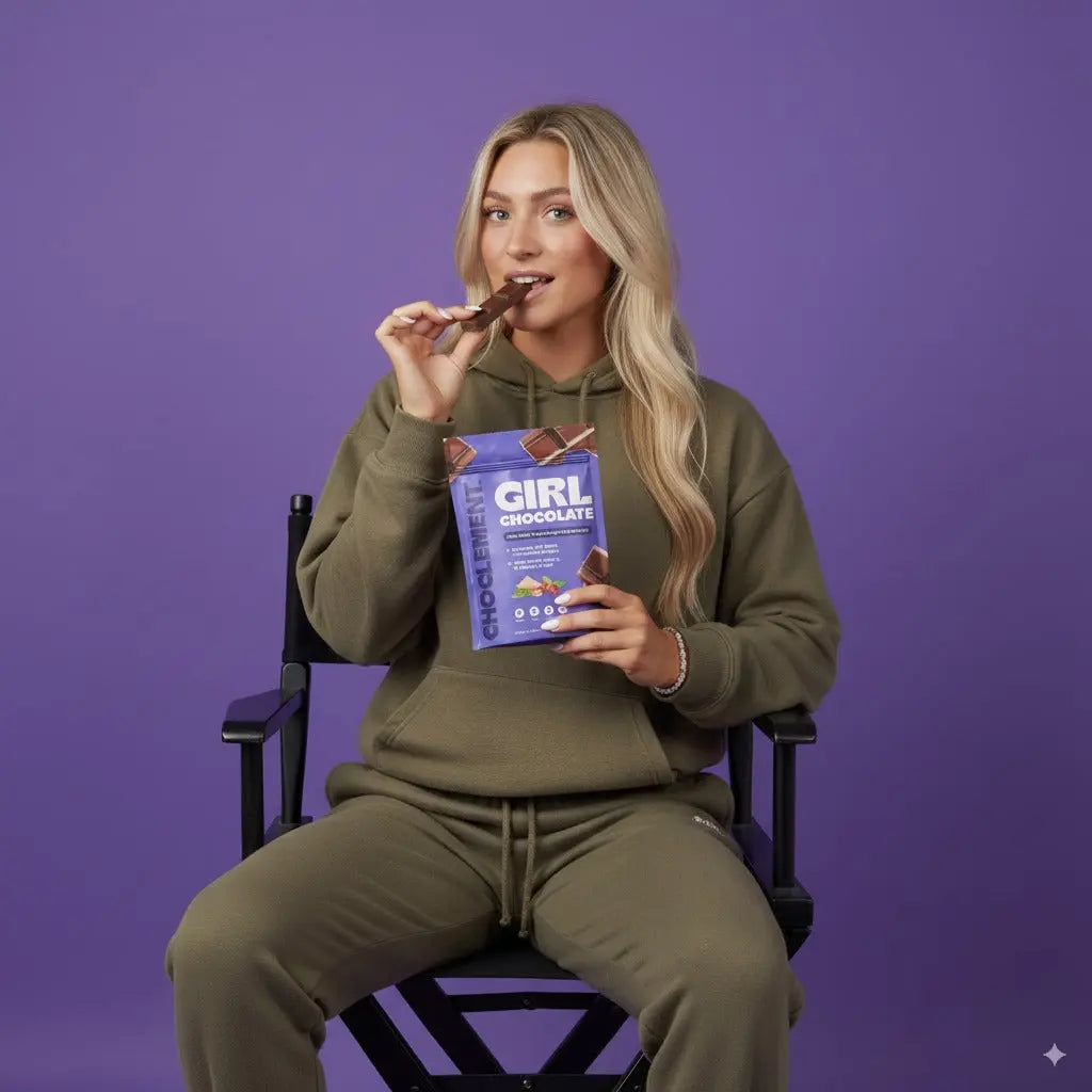 young female influencer holding a girl chocolate pouch while eating it