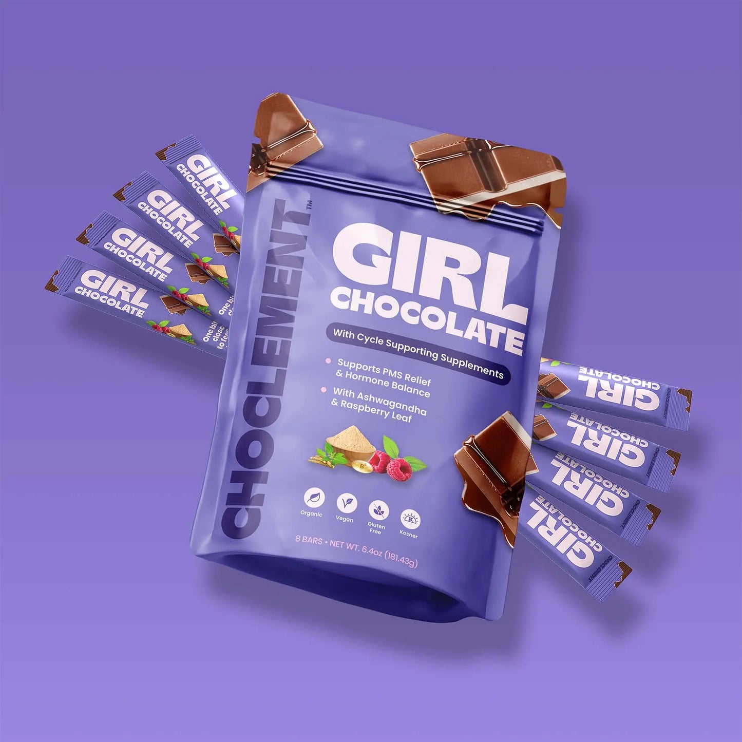 Girl Chocolate packaging on a purple background
