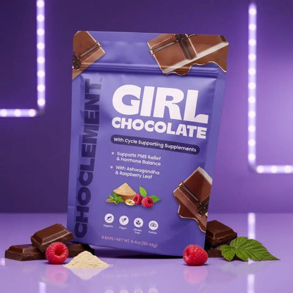 girl chocolate pouch standing up with supplements near it