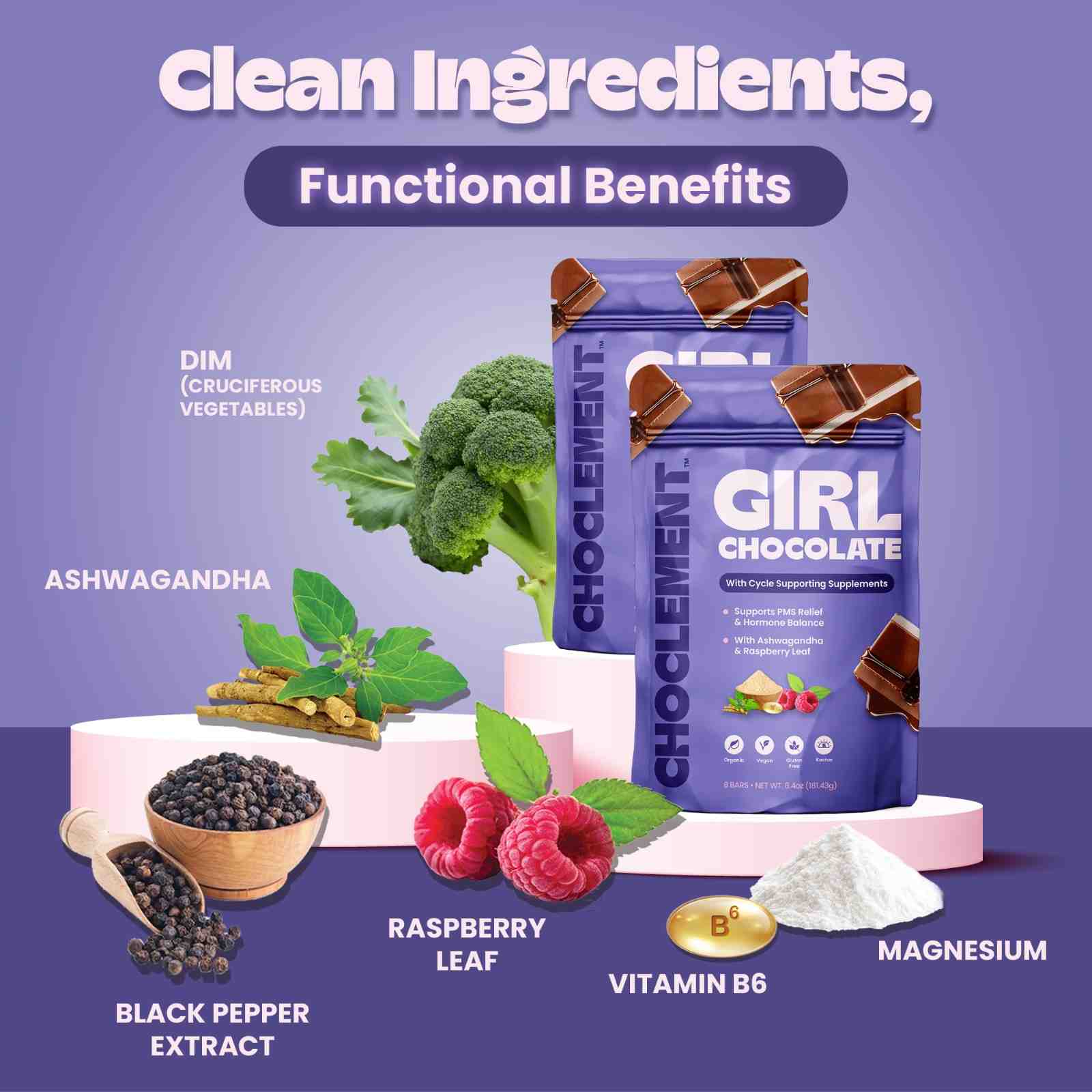 clean ingredients with functional benefits and images of the supplements in girl chocolate